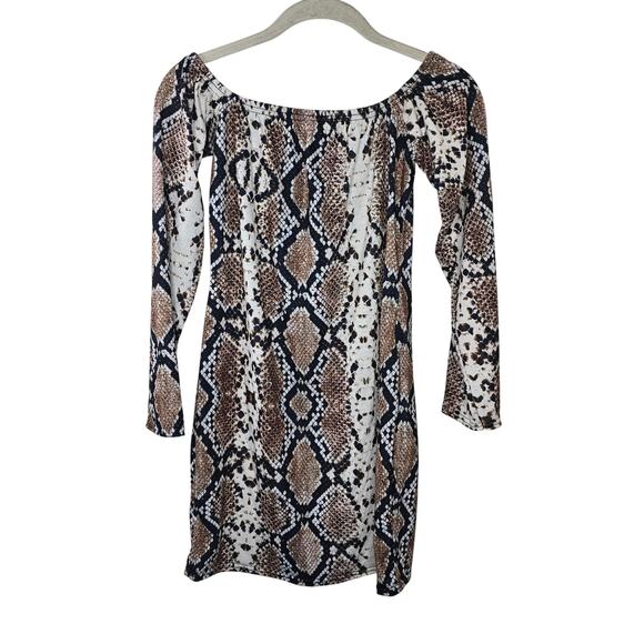 Pretty Little Thing Brown Snake Print Bardot Bodycon Dress Size 12 NWT - Picture 1 of 5